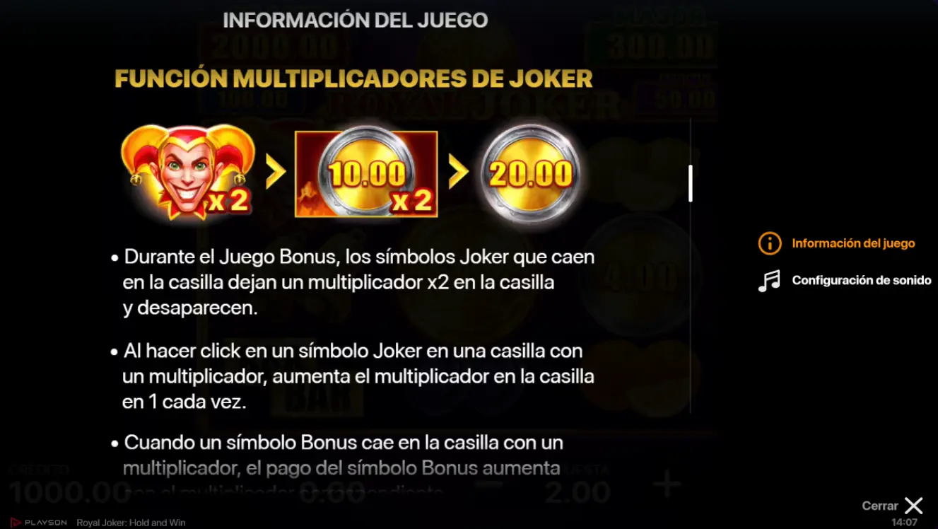 Pantalla informativa de la función de multiplicadores Joker en el juego bonus de Royal Joker Hold and Win.