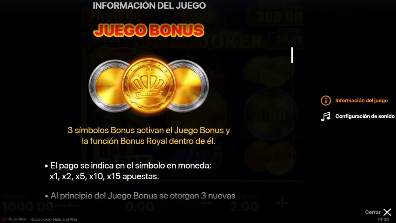 Descripción del juego bonus Royal Joker Hold and Win con respins, multiplicadores y bono real.