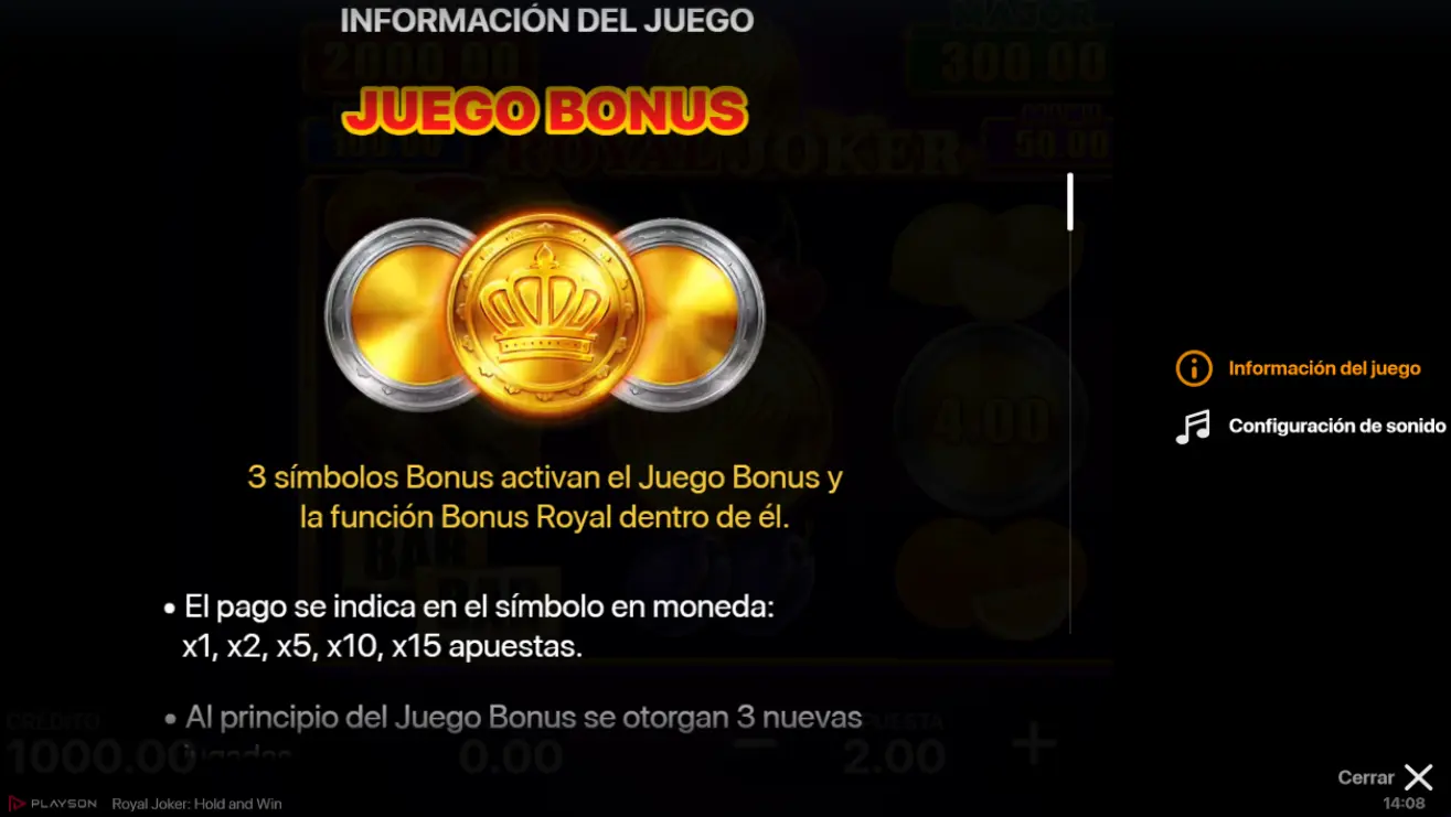 Descripción del juego bonus Royal Joker Hold and Win con respins, multiplicadores y bono real.