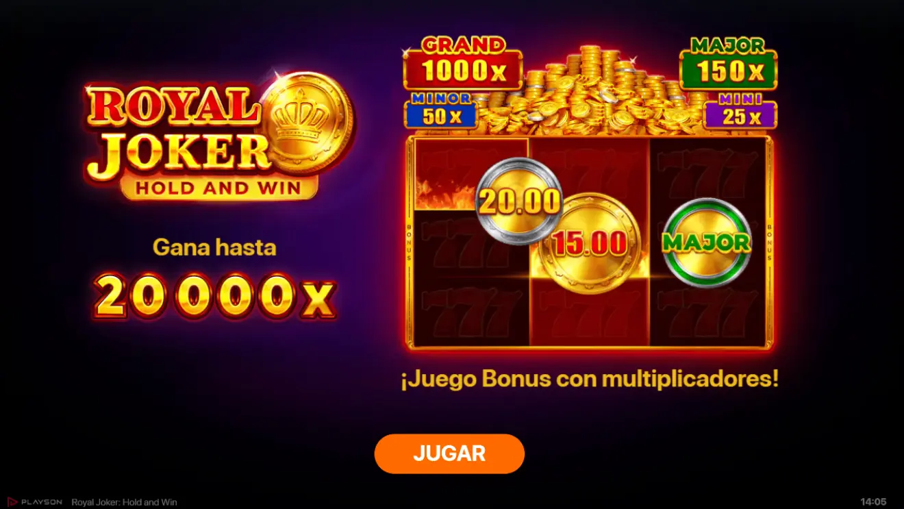Royal Joker Hold and Win: pantalla promocional del slot con ganancias de hasta 20.000x y juego bonus con multiplicadores.