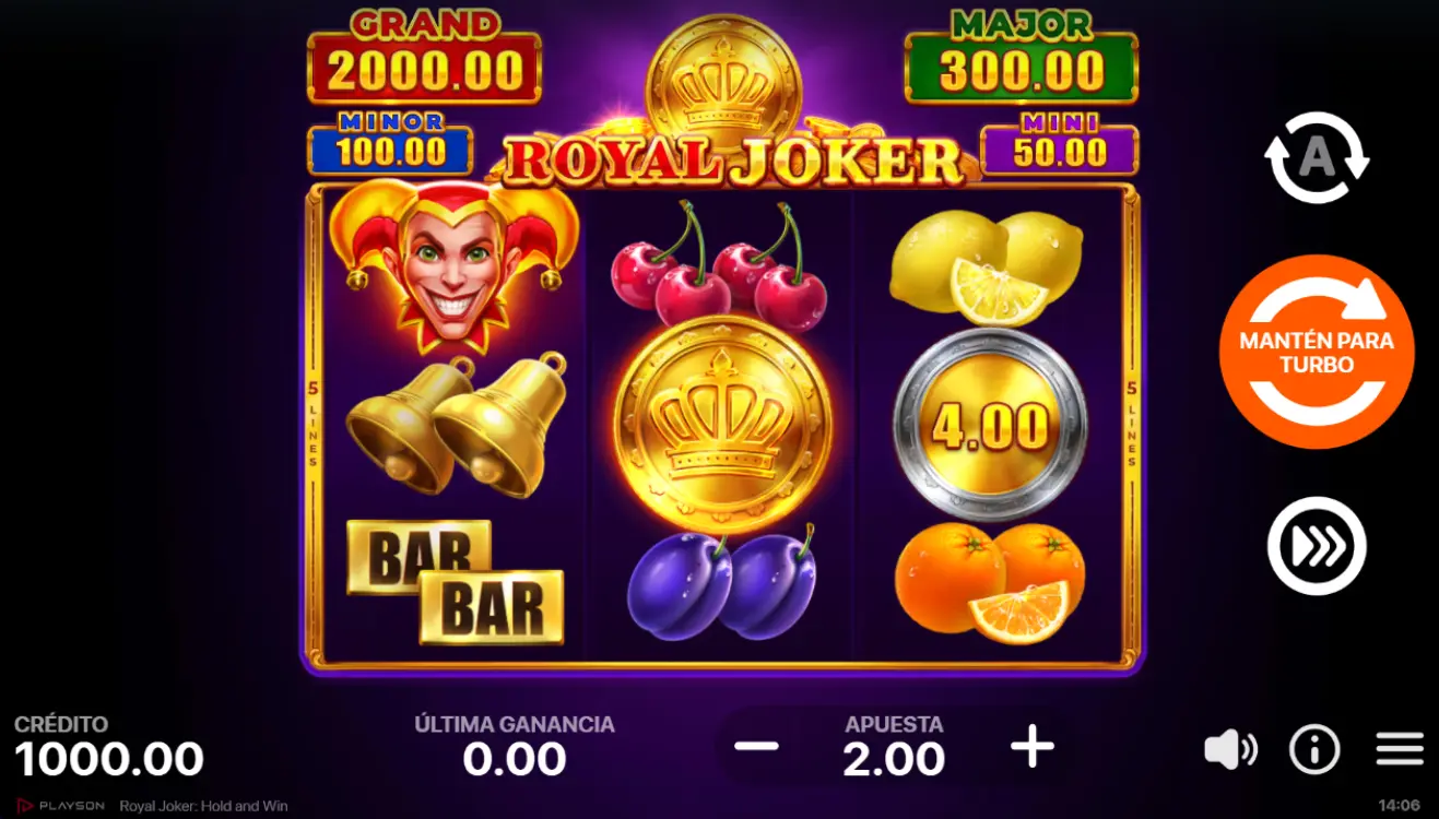 Pantalla de juego del slot Royal Joker Hold and Win con rodillos clásicos, apuesta y modo turbo.